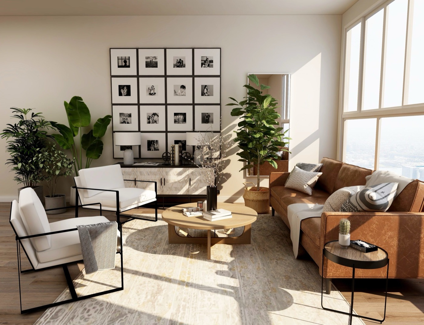 Sunlit living room with large windows and a gallery wall