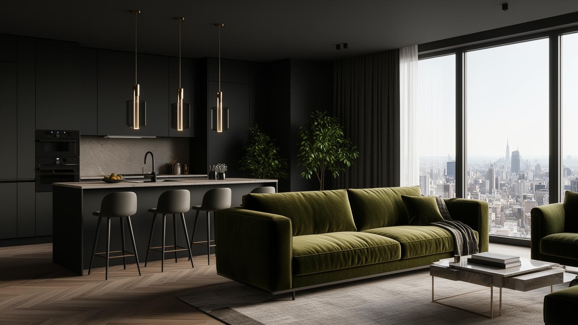 High-rise condo living room with floor-to-ceiling city views